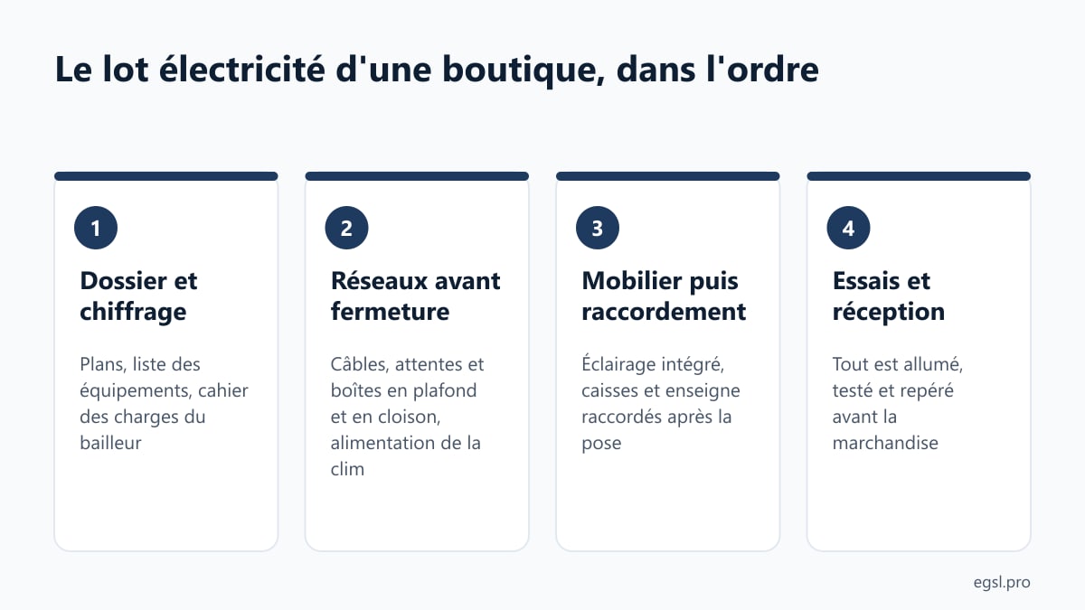 Les quatre étapes du lot électricité d'un agencement de boutique, du dossier à la réception